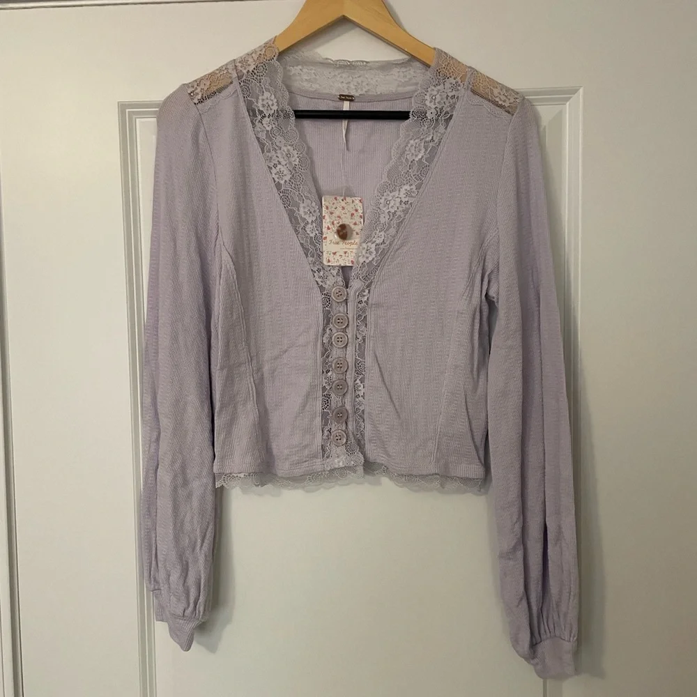 NWT Free People Run With Me Lavender Purple Lace Trim Long Sleeve Blouse